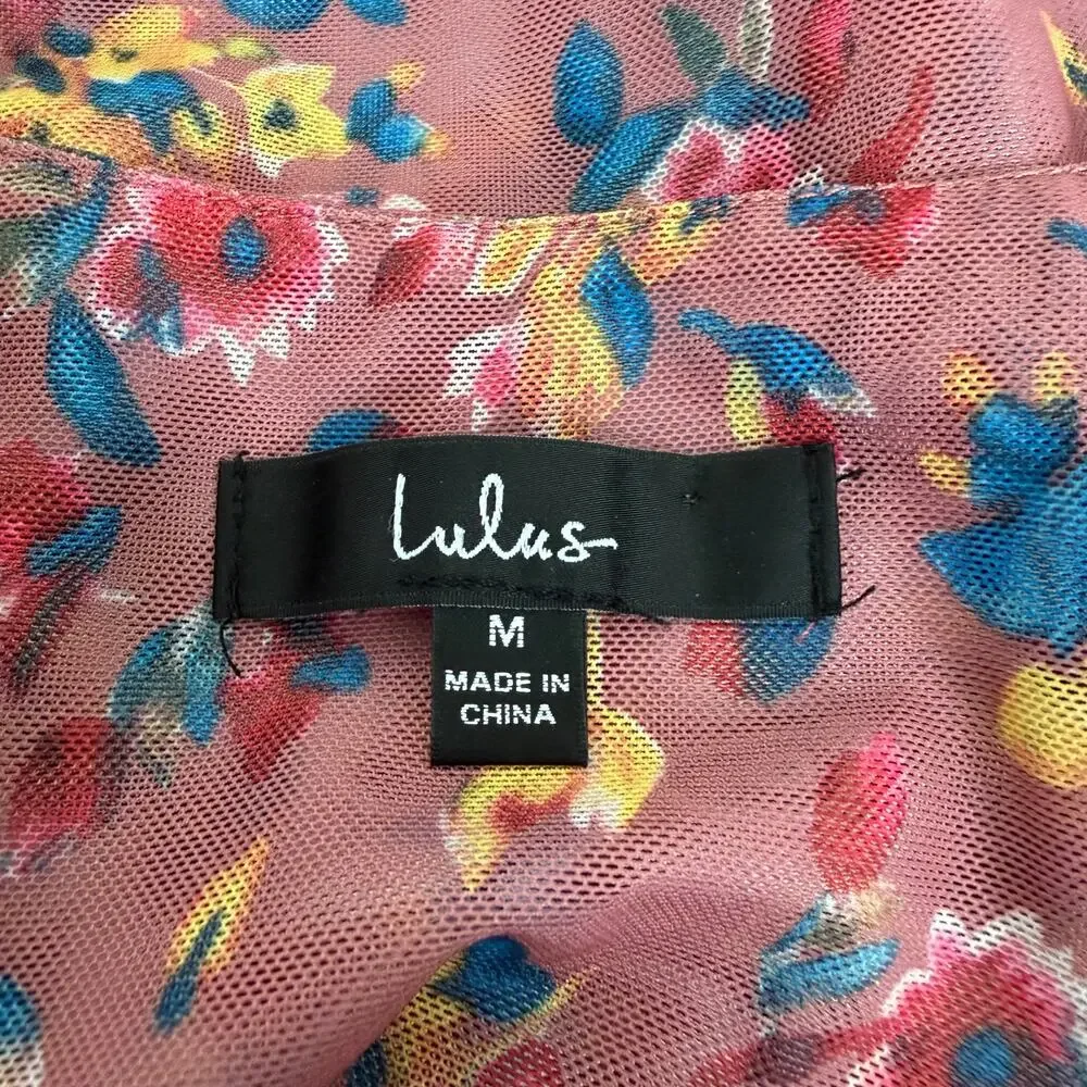 Lulus Love in the Garden Mauve Floral Print Mesh Bodysuit pink yellow blue